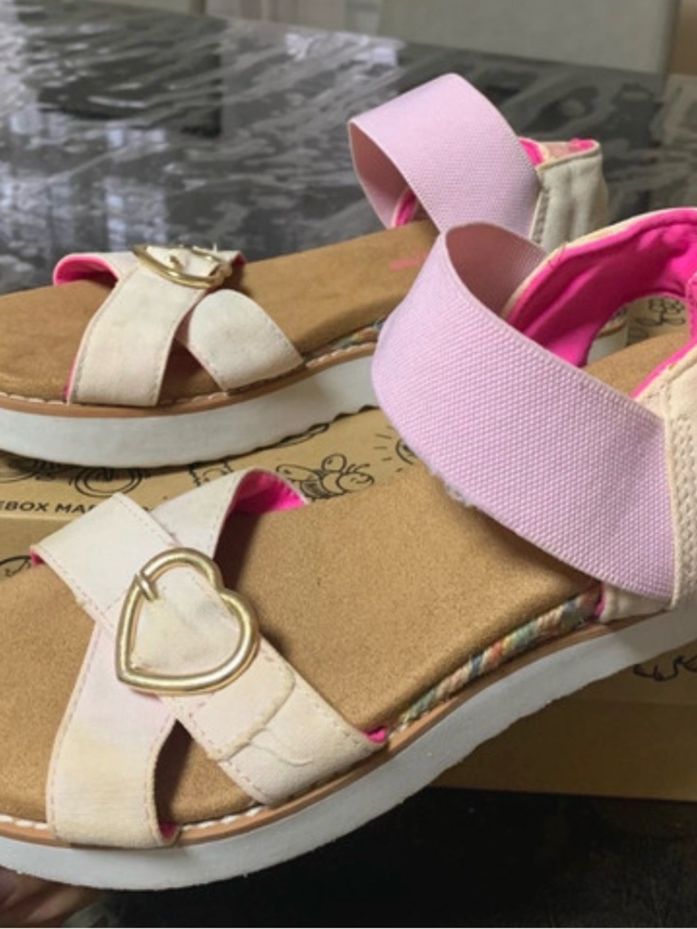 Skechers Girls Pink and Cream Heart Buckle Sandals